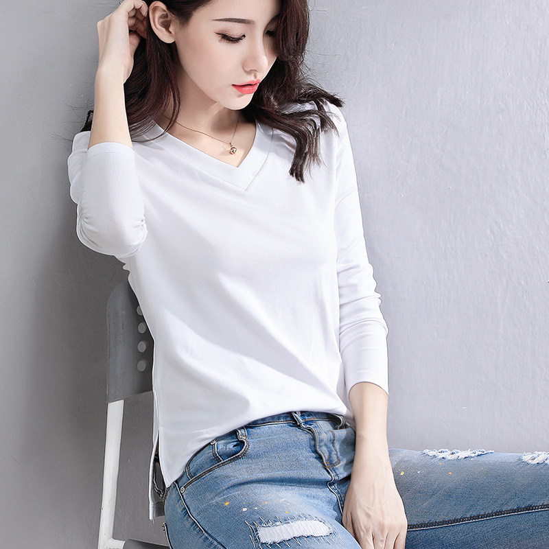 白色v领长袖t恤潮短款宽松打底衫 令妲T恤