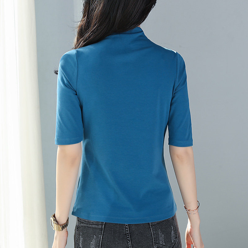 蓝色女小半高领五分中袖修身打底衫 令妲T恤