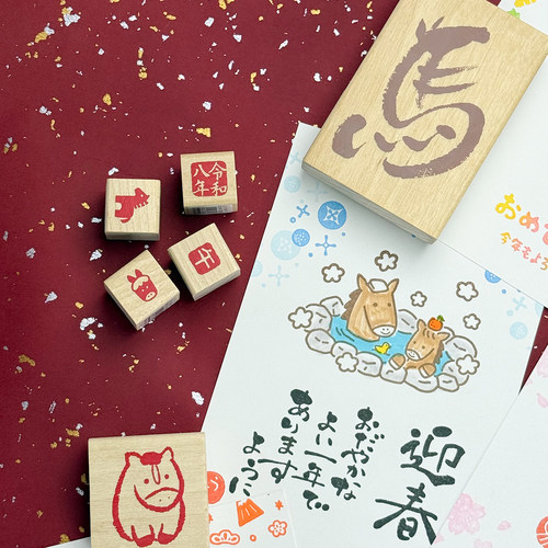 KODOMO NO KAO 2026午马年限定新年贺卡手帐木质印章手账印台生肖 - 图1