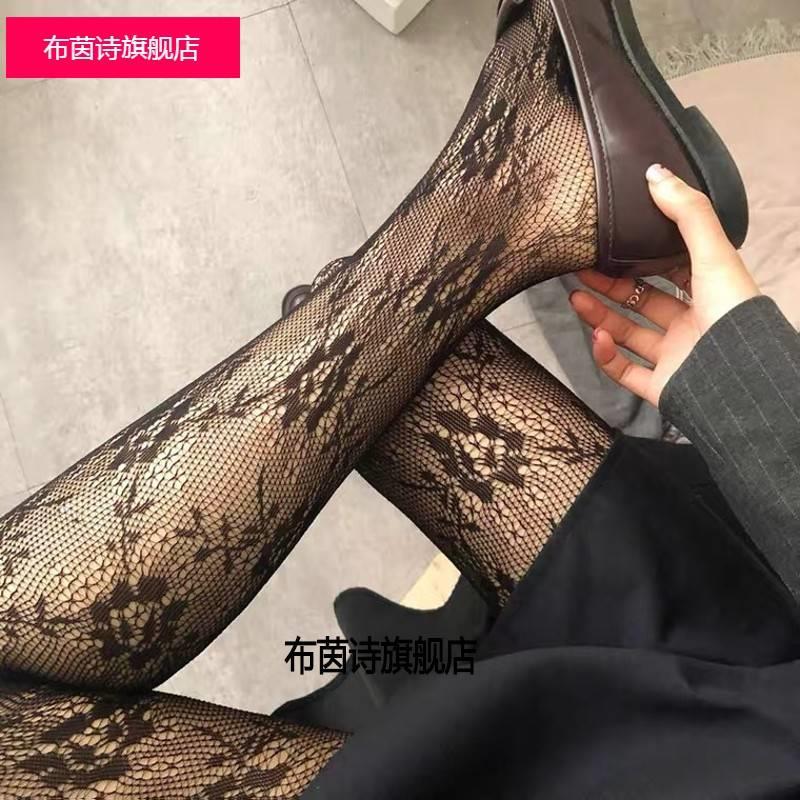 黑丝袜蕾丝连裤袜子女薄款黑色潮渔网袜日系白色花朵 - 图2