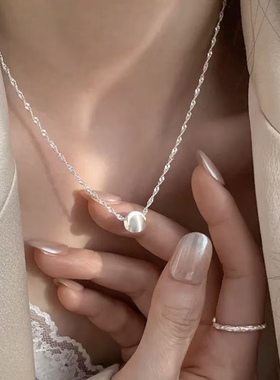 足银999.9水波纹项链猫眼纯银锁骨链设计感百搭轻奢小众女款礼物