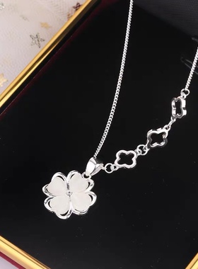 足银990四叶草白猫眼吊坠女项链韩版纯银锁骨链小香风
