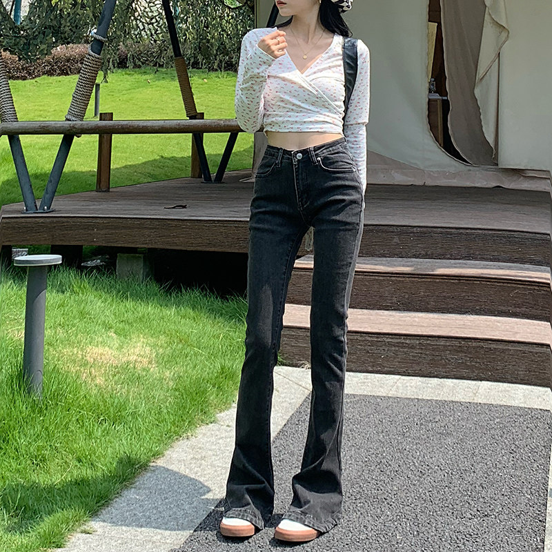 黑灰色牛仔春秋修身高腰2022长裤 纪绪牛仔裤