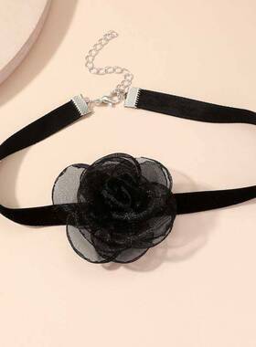蕾丝玫瑰花锁骨链黑色脖圈气质项链礼服配饰gr