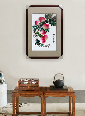十手工书房装饰品寿桃祝寿苏绣画