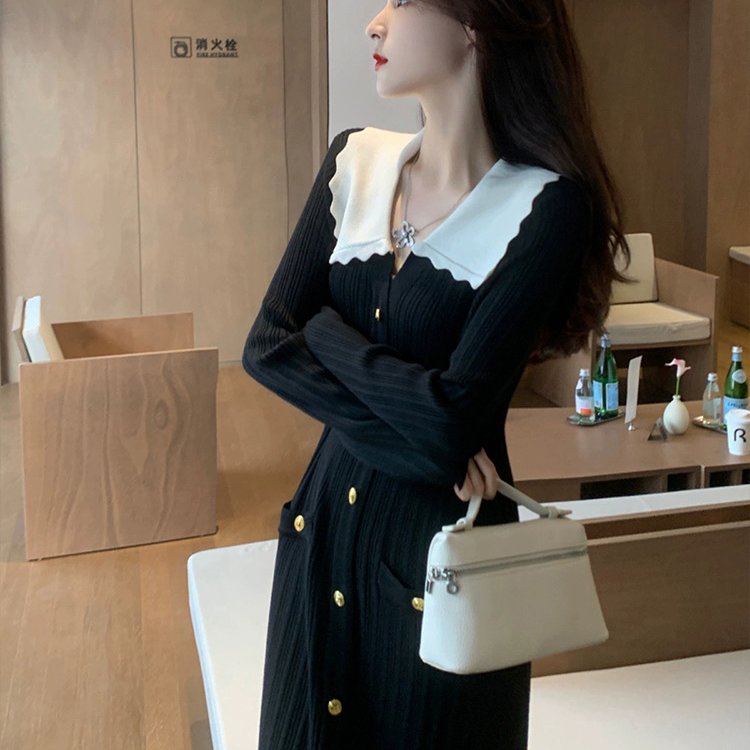 法式复古小香风修身打底中长款小黑裙针织连衣裙女长款过膝毛衣裙 - 图1