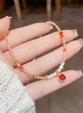 红色天然石串珠水晶珍珠项链女款2025新款轻奢小众锁骨链颈链配饰