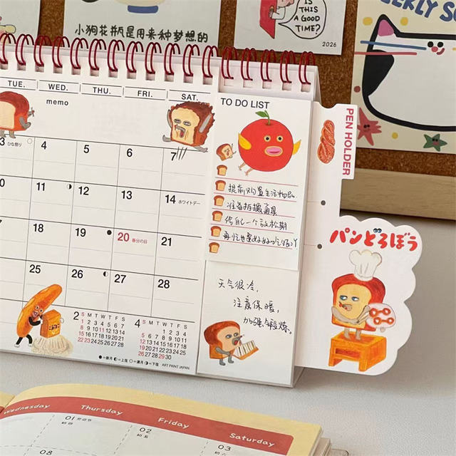 2026 New Japanese Cartoon Bread Thief Desk Calendar Cute Study Schedule Planner Check-in Calendar Desktop Ornament