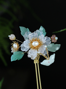 红妆匣子粉晶牡丹花簪国风