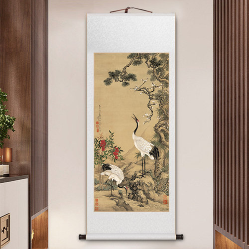 松鹤延年卷轴挂画新中式客厅装饰画办公室山水画餐厅玄关仙鹤国画_虎窝淘