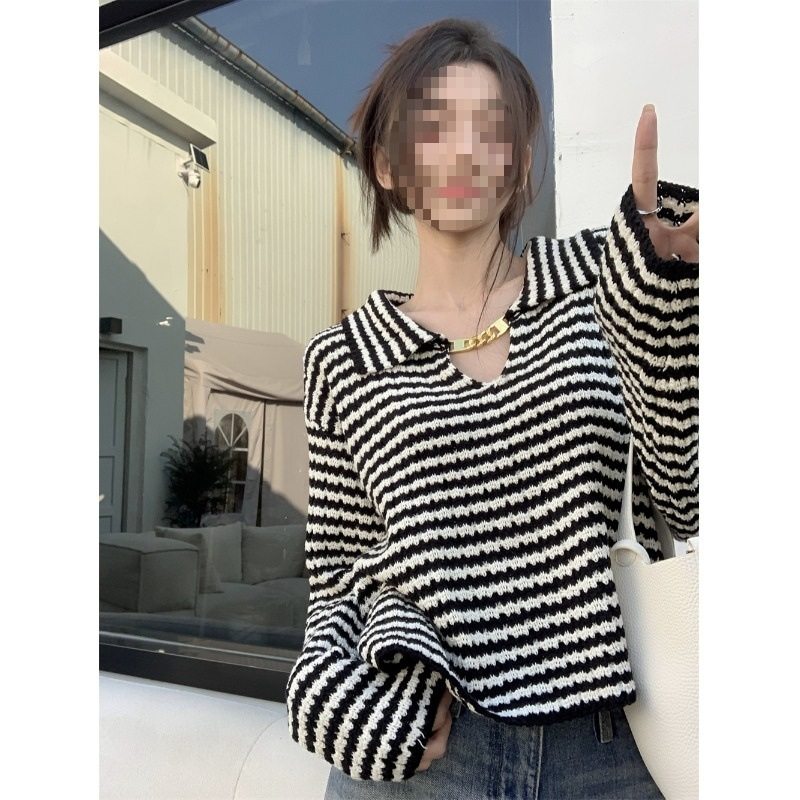 2025秋法式赫本风娃娃领毛衣女链条设计感宽松慵懒风条纹针织上衣,淘宝优惠券,粉丝福利购,淘宝优惠卷