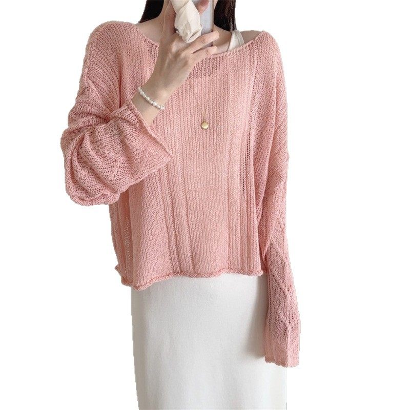 秋季韩版针织镂空防晒罩衫女纯欲一字露肩套头长袖毛衣薄款上衣,淘宝优惠券,粉丝福利购,淘宝优惠卷