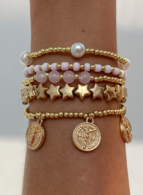 欧美跨境波西米亚ins五角星串珠弹力手链 时尚金属吊牌仿珍珠