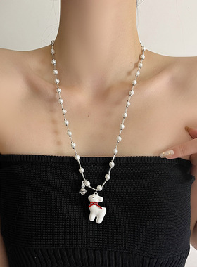 come moon甜美可爱蜡烛珐琅梦中小鹿珍珠项链女小众设计感毛衣