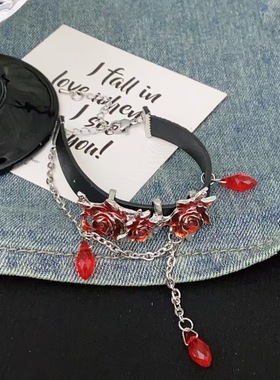 时尚个性风玫瑰流苏皮革手链小众设计感独特暗黑朋克风百搭手