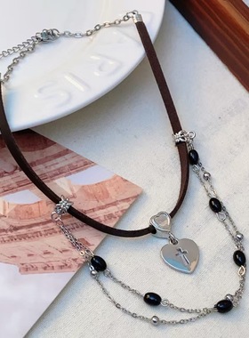 十字架爱心链条双层皮革项链女choker颈链小众甜酷辣妹项圈锁骨