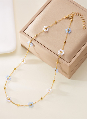 跨境新款ins度假风小清新花朵串珠项链手链小花choker夏日锁骨链