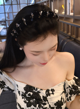 星钻枪灰水晶黑丝绒倒梳发箍