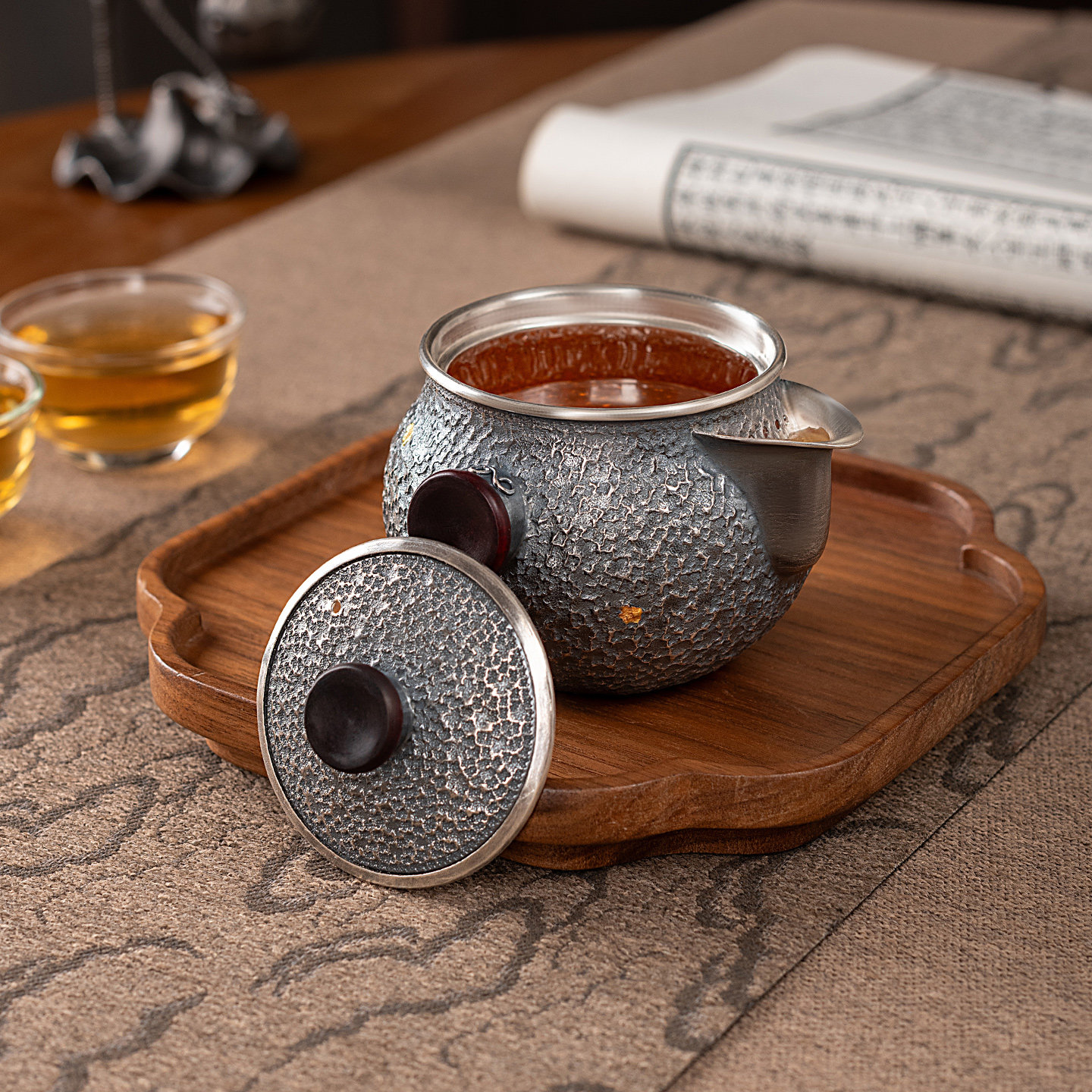 Silver Age sterling silver clutch pot pure silver 999 portable travel tea set handmade stone pattern silver pot silver cup