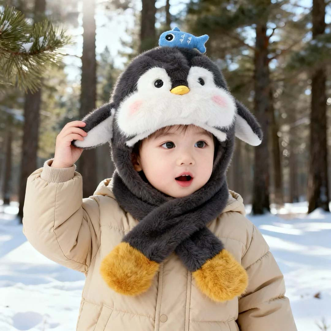 儿童帽子毛绒帽围巾一体冬季保暖护耳宝宝男女童可爱企鹅耳朵会动,淘宝优惠券,粉丝福利购,淘宝优惠卷