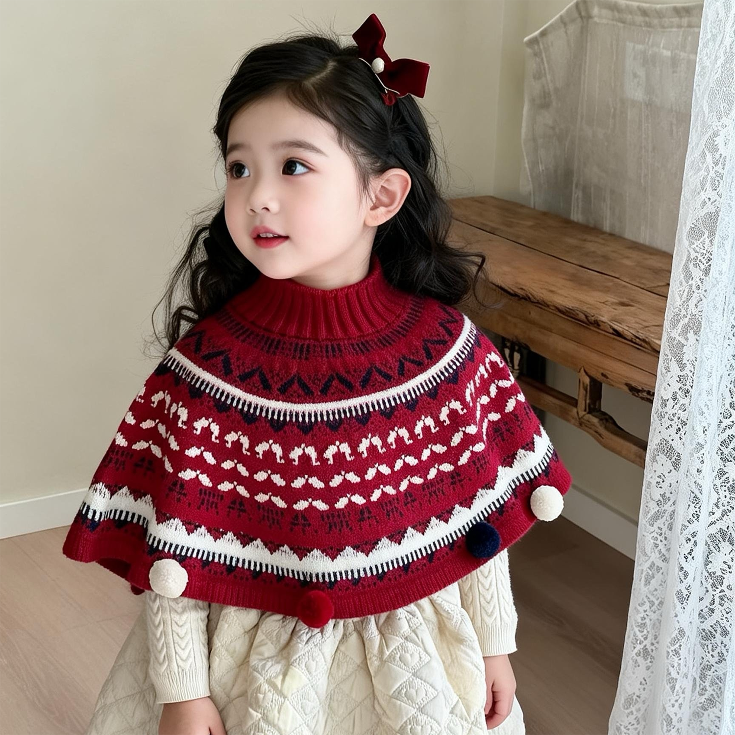 儿童针织毛线披风费尔岛风女童冬季加厚保暖斗篷宝宝防风围巾洋气,淘宝优惠券,粉丝福利购,淘宝优惠卷