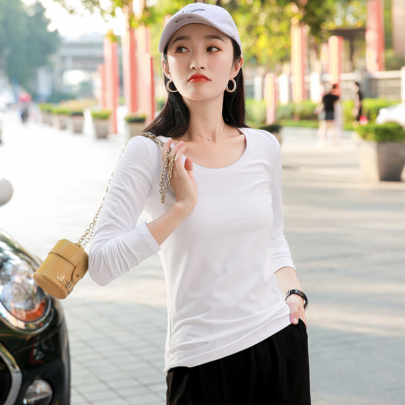纯棉白色女春秋冬季百搭修身打底衫 prckT恤
