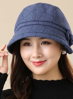 秋冬中老年女帽子细格纹毛呢盆帽