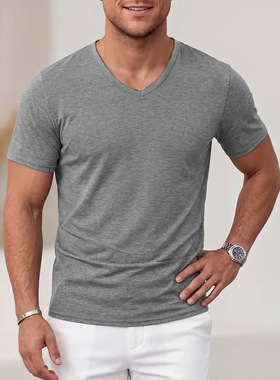 2026欧美夏季男士休闲纯色v领短袖上衣t恤休闲上衣Men's Shirts