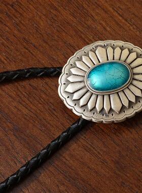 男女通用bolo tie冷珐琅镀银牛皮绳美式西南纹饰项