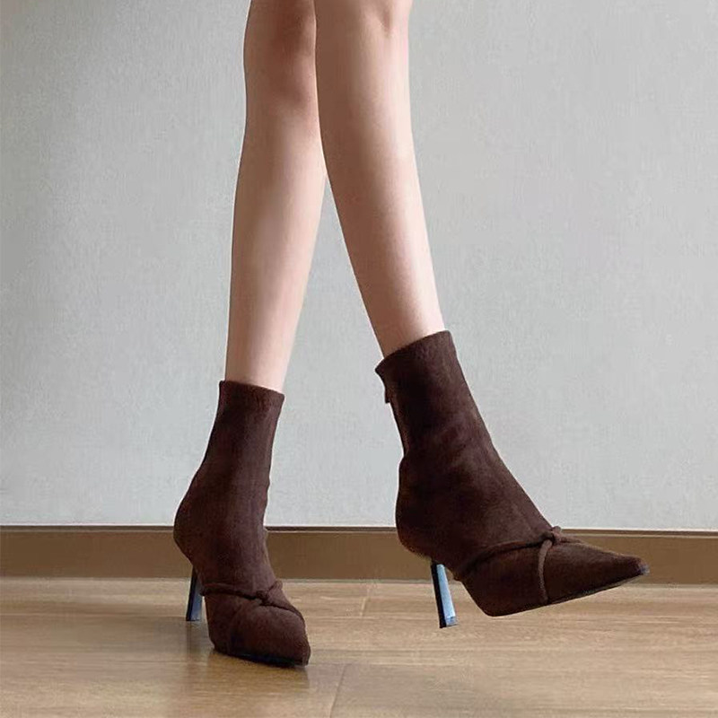 复古绒面高跟短靴女2025秋冬季新款细跟尖头交叉带显瘦弹力瘦瘦靴,淘宝优惠券,粉丝福利购,淘宝优惠卷