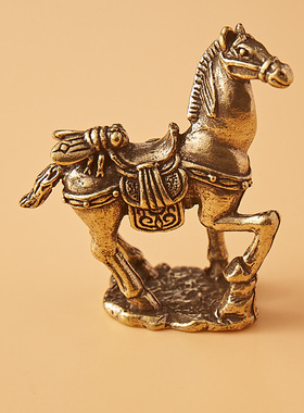 复古黄铜马上赢桌面摆件实心马上赢家居客厅茶宠文玩铜手把件摆件
