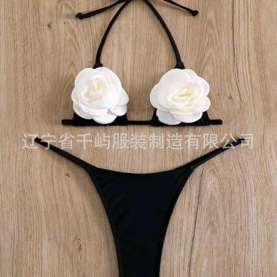 Traje de baño dividido con copa pequeña y flores tridimensionales, micro bikini para chica caliente, bikini negro con Tanga