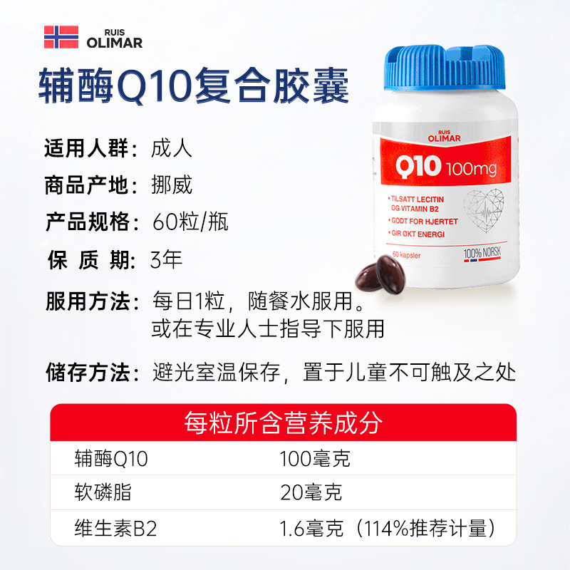 Ruisolimar挪威辅酶q10进口护心脏血管脑卵磷脂胶囊备孕心肌100mg - 图3