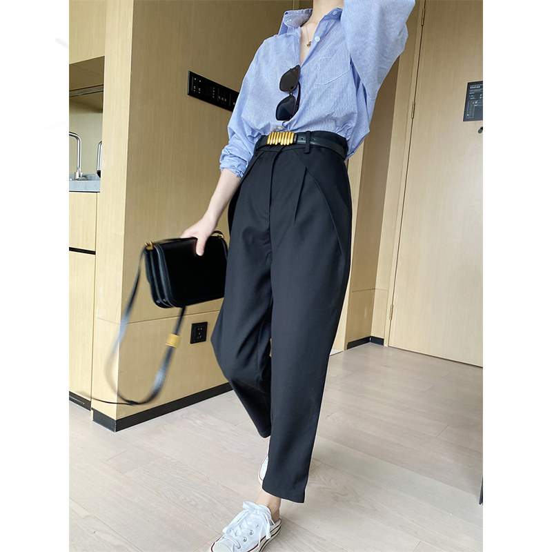 黑色高腰春季压褶小个子休闲西装裤 myblun休闲裤