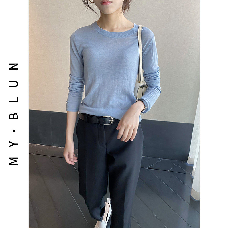 100%纯羊毛针织衫纯色长袖女t恤 myblun毛针织衫