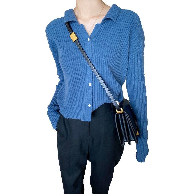 蓝色开衫女别致短款克莱因蓝羊毛衫 myblun毛衣