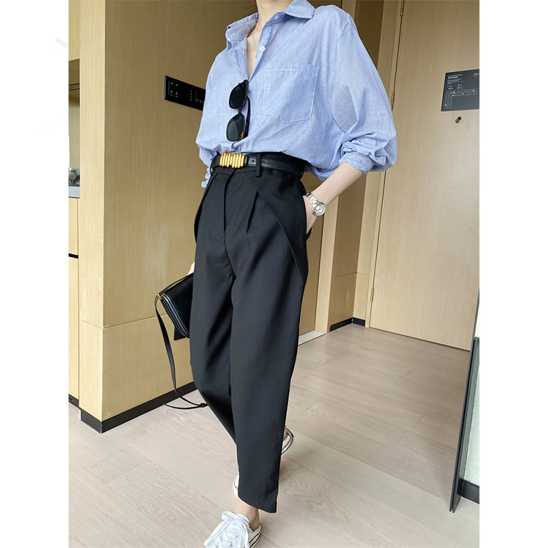 黑色高腰春季压褶小个子休闲西装裤 myblun休闲裤