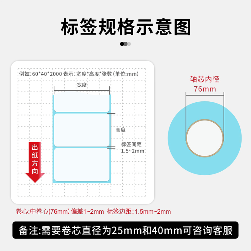 76管芯标三防热敏纸76MM大卷芯条码标签贴纸60*40 100*100*150 适用于工业机斑马ZT230 ZT410 ZT510 110Xi4 - 图1