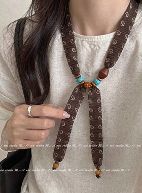 韩系粉色丝巾串珠项链设计感颈链