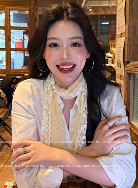 甜美黄色波点串珠蕾丝边丝巾项链