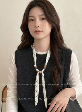 咖色腰果花拼接丝巾项链细长串珠