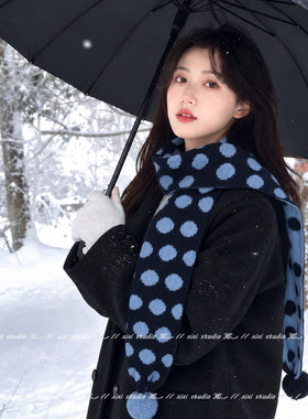 韩系百搭蓝色波点含羊毛围巾女
