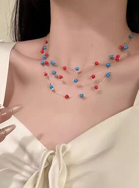 氛围感多层叠戴彩色串珠项链