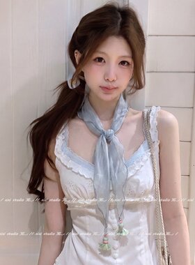 浅蓝色薄款流苏系脖三角巾小领巾