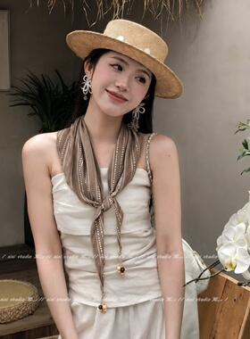 轻奢气质棕色条纹串珠丝巾项链女
