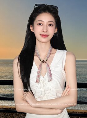 粉串珠丝巾项链抽拉颈带脖子配饰
