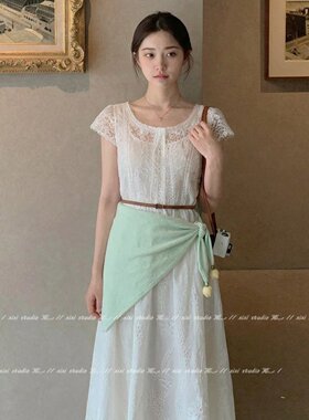 绿色针织三角巾夏花苞腰巾屁帘