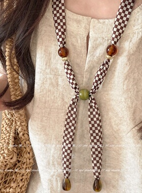 法式气质白色波点串珠丝巾项链女