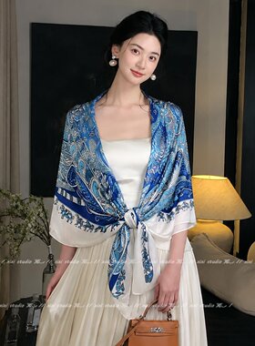 蓝色腰果花丝巾披肩百搭洋气坎肩