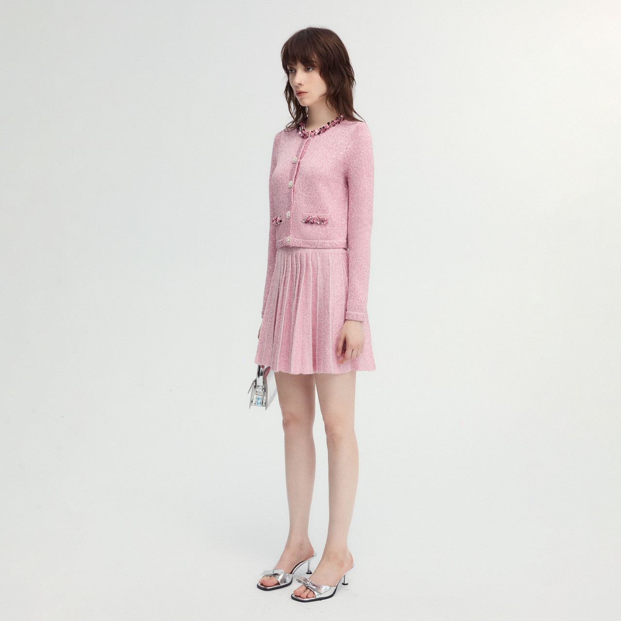 【七七酱直播间】商场同款 摩萨克秋芭蕾百褶短款针织A字半身裙女 - 图1